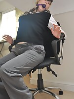 Blonde first-timer bound to her office chair