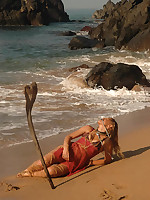 Girl is collared, leashed, bound and stranded on the beach