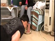 The dominant blonde forces guy to lick her feet